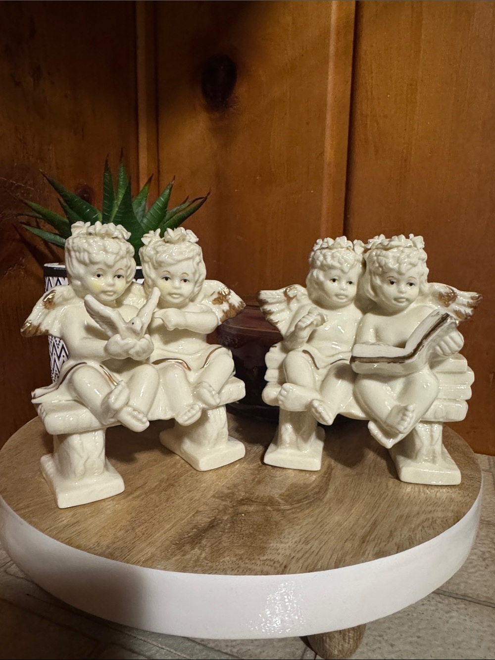 Set of 2 Ceramic Cherub Angel Figurines - White with Gold Trim